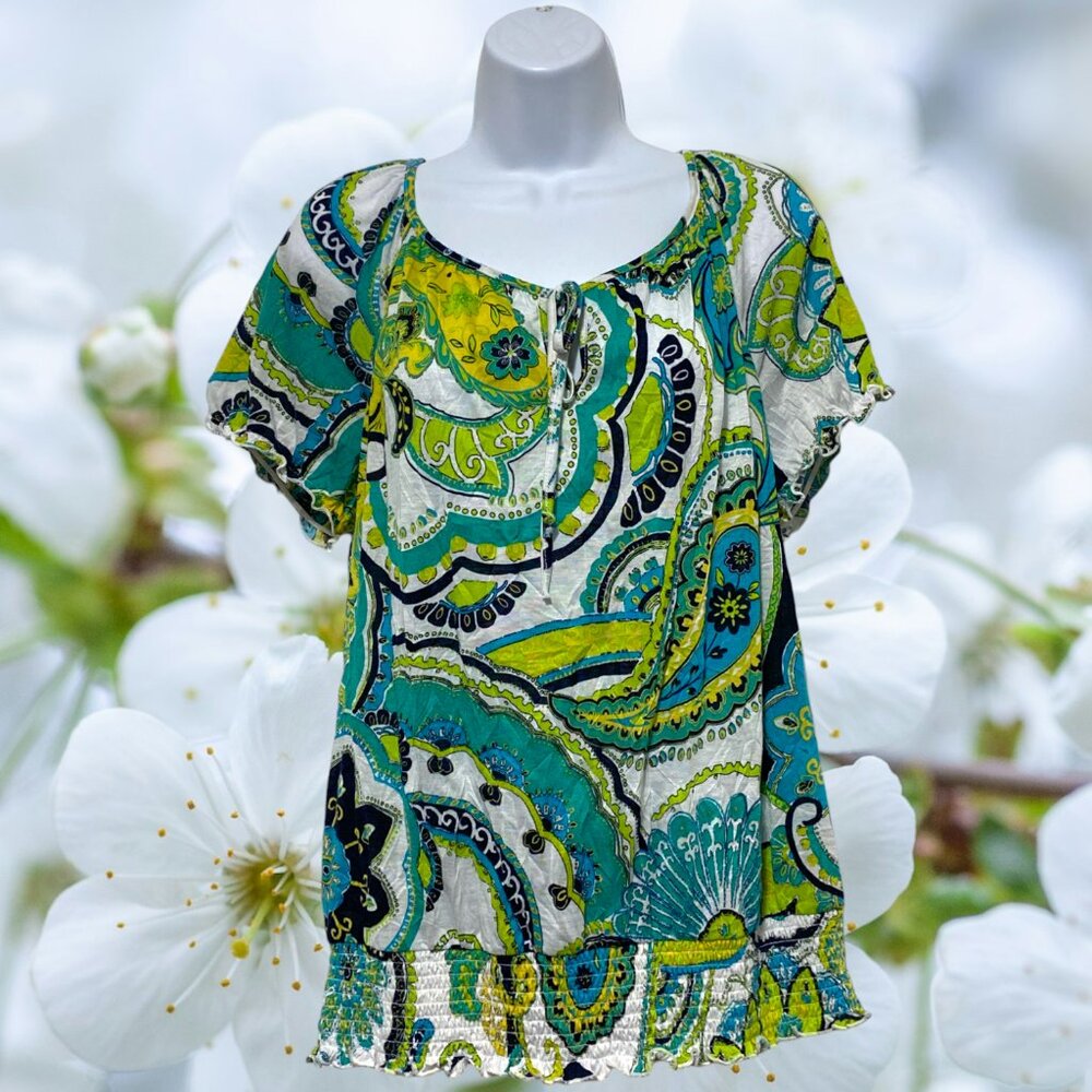 AB Studio-Women's XL Pullover Top Polyester Tie Neck Short Sleeve Light Weight